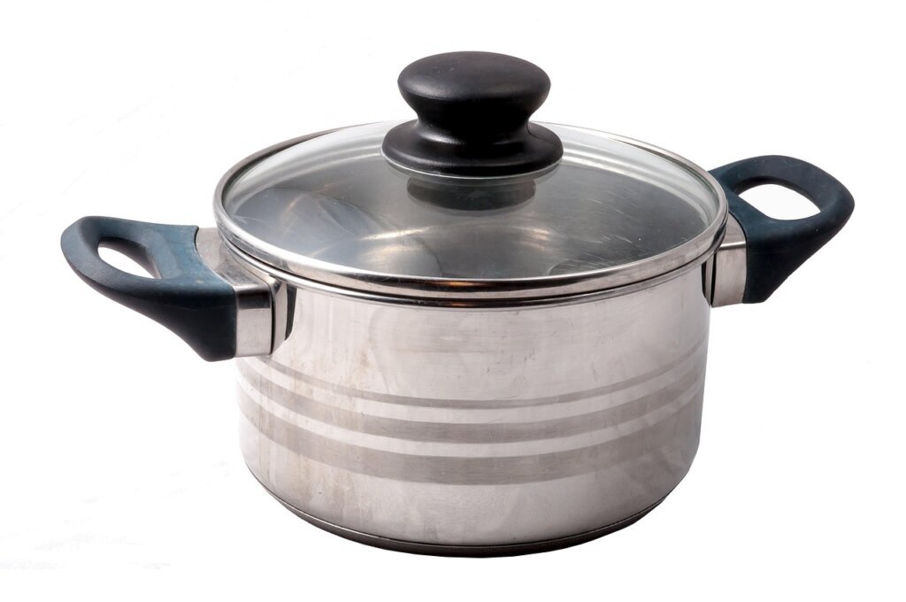 stainless steel food waste bin with lid on white background
