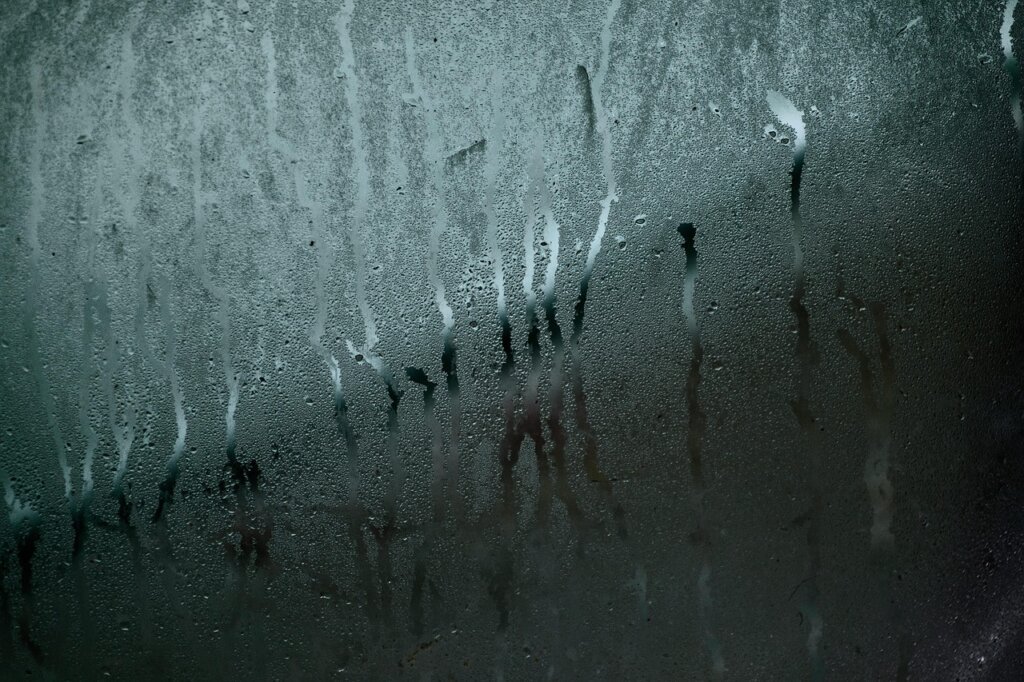 microwave interior with steam condensation on walls