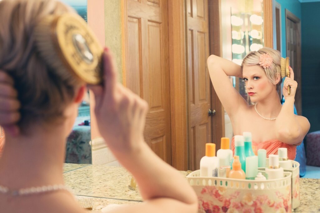 bathroom mirror covered with mineral water stains