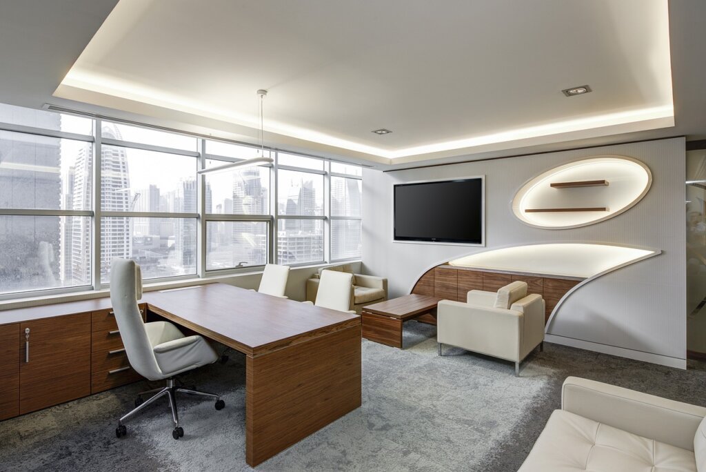 Korean government social welfare office interior with workers helping elderly citizens