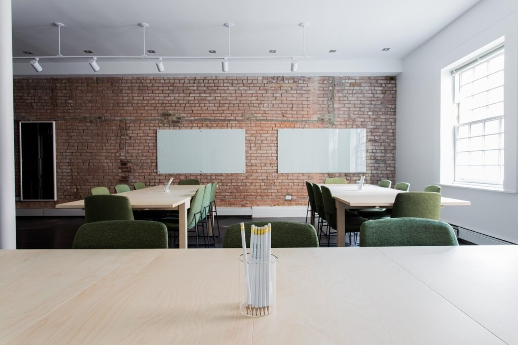 Korean social welfare office interior with waiting seats and notice board